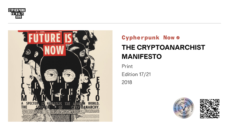 Cypherpunk Now | THE CRYPTOANARCHIST MANIFESTO | View certificate