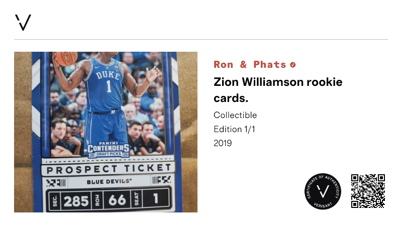 Ron & Phats | Zion Williamson rookie cards. | View certificate